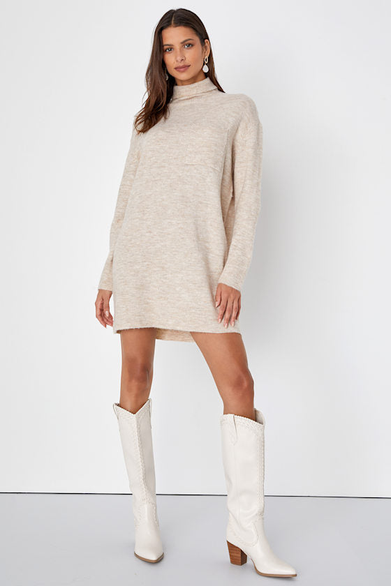 Positively Charming Heather Beige Turtleneck Mini Sweater Dress #Color_Heather Beige