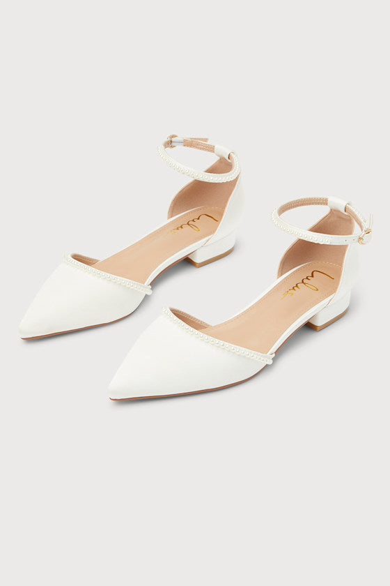 Phoebee White Satin Pearl Pointed-Toe Ankle Strap Flats #Color_White