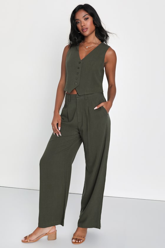 Suits You Perfectly Dark Blue Linen Wide-Leg Pants