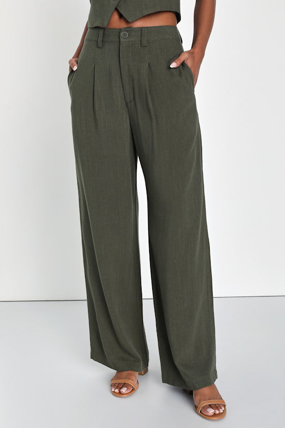 Suits You Perfectly Beige Linen Wide-Leg Pants