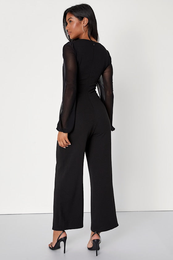 Perfect Charisma Black Mesh Long Sleeve Wide-Leg Jumpsuit #Color_Black