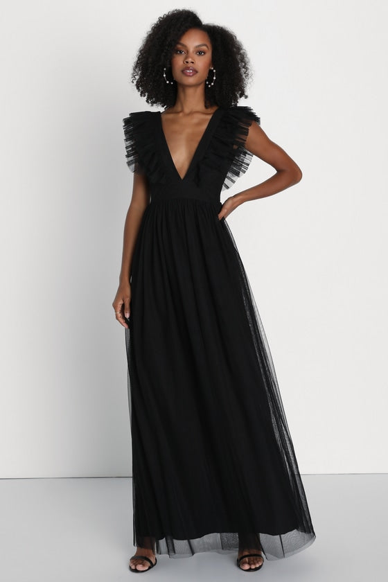 Simply Delighted Black Floral Mesh Ruffled Backless Maxi Dress