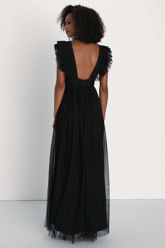 Simply Delighted Black Mesh Ruffled Backless Maxi Dress #Color_Black