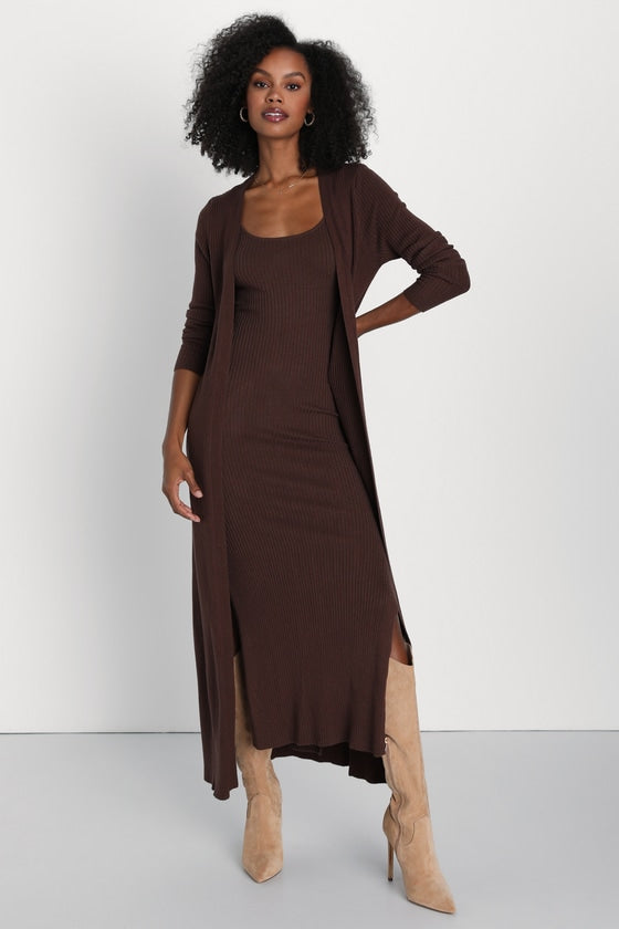 Layer Lover Beige Ribbed Knit Two-Piece Dress & Cardigan Set