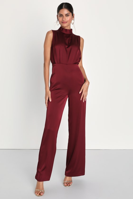Classic Elegance Wine Red Satin Sleeveless Mock Neck Jumpsuit #Color_Wine Red