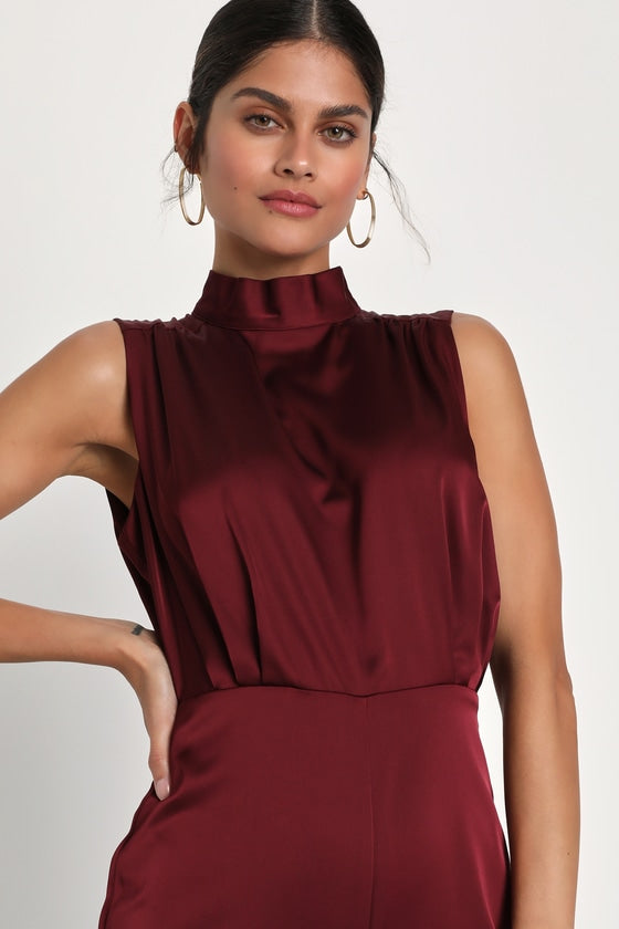 Classic Elegance Wine Red Satin Sleeveless Mock Neck Jumpsuit #Color_Wine Red