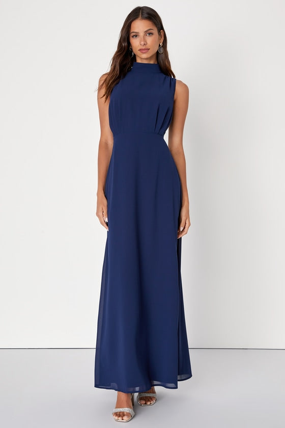 Classic Elegance Black Chiffon Sleeveless Mock Neck Maxi Dress #Color_Navy