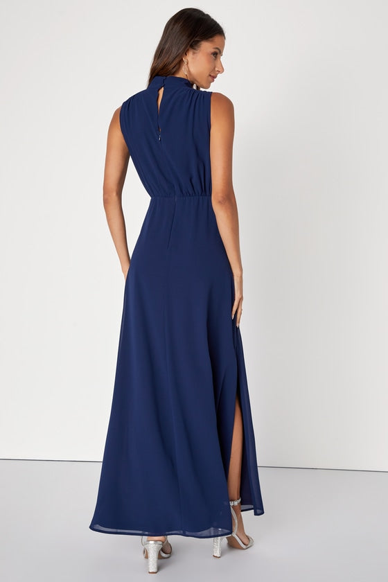 Classic Elegance Emerald Chiffon Sleeveless Mock Neck Maxi Dress