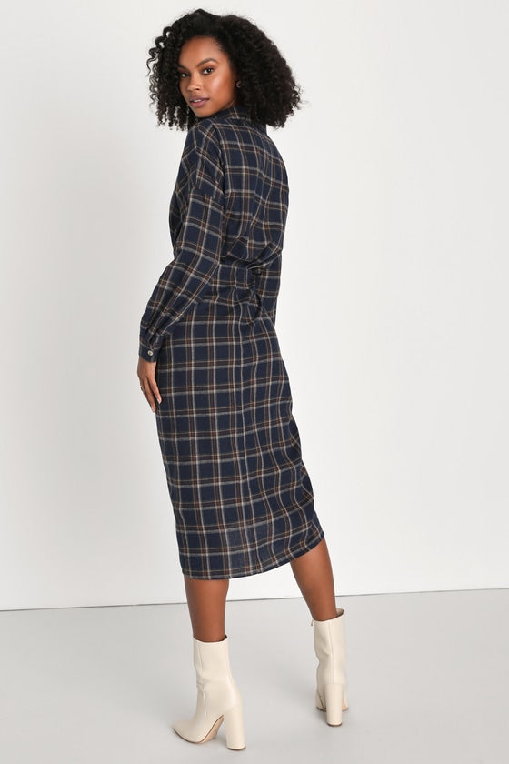 Seasonal Spirit Taupe Plaid Ruched Long Sleeve Midi Dress
