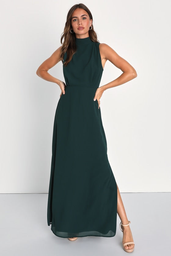 Classic Elegance Black Chiffon Sleeveless Mock Neck Maxi Dress #Color_Emerald