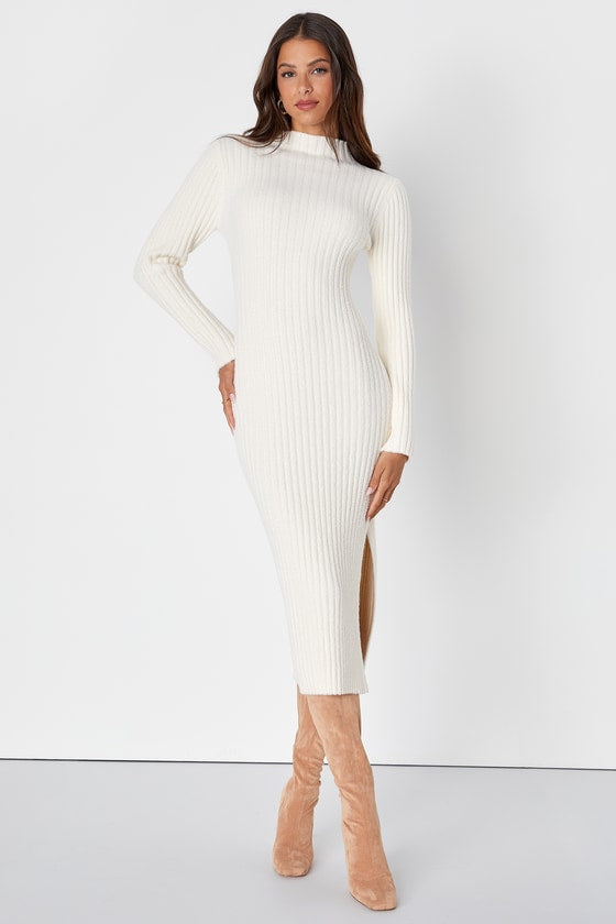 Irresistible Feelings Ivory Fuzzy Knit Midi Sweater Dress #Color_Ivory