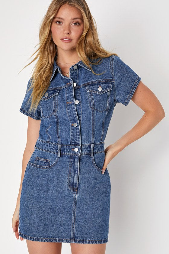 Ready to Charm Medium Wash Short Sleeve Denim Mini Dress #Color_Medium Wash