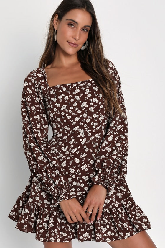 Coy Charm Brown Floral Print Long Sleeve Mini Dress #Color_Brown Floral Print