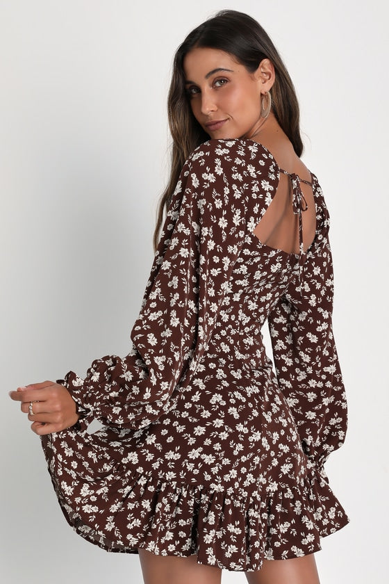 Coy Charm Brown Floral Print Long Sleeve Mini Dress #Color_Brown Floral Print
