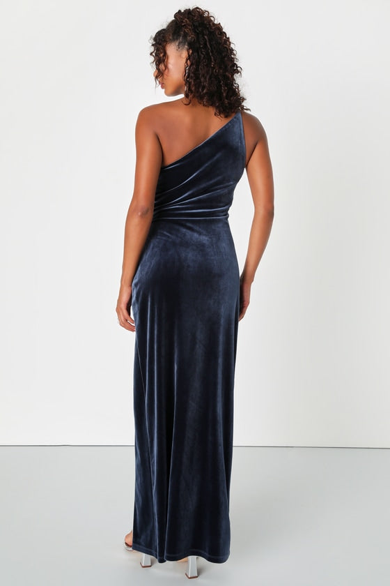 Elegant Era Olive Green Velvet One-Shoulder Maxi Dress