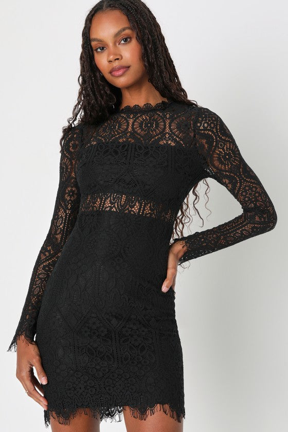 Appetite for Seduction Black Lace Long Sleeve Dress #Color_Black