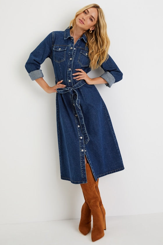 Edgy Instinct Dark Wash Denim Long Sleeve Midi Dress #Color_Dark Wash