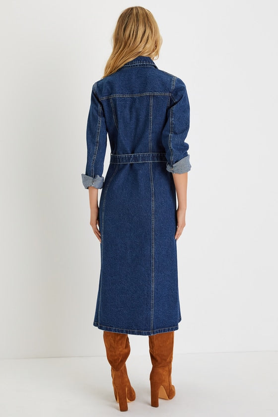 Edgy Instinct Dark Wash Denim Long Sleeve Midi Dress #Color_Dark Wash