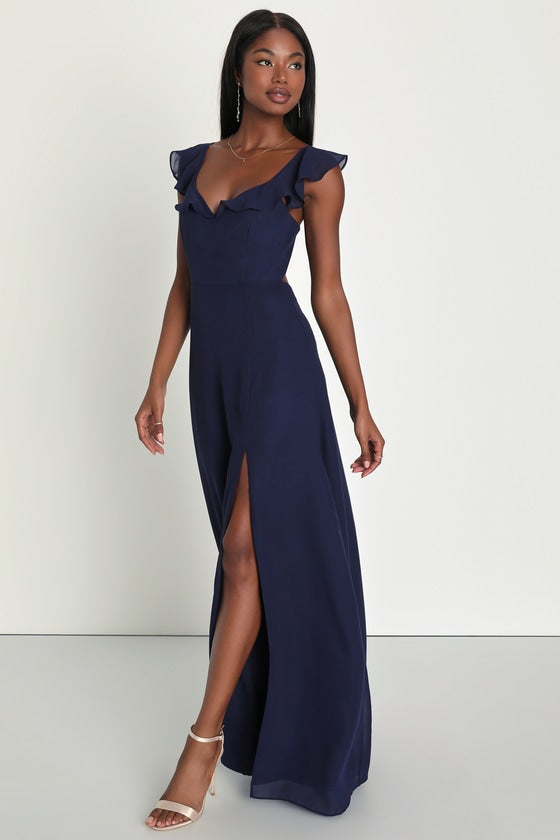 Sweetest Entrance Navy Blue Ruffled Tie-Back Maxi Dress #Color_Navy Blue