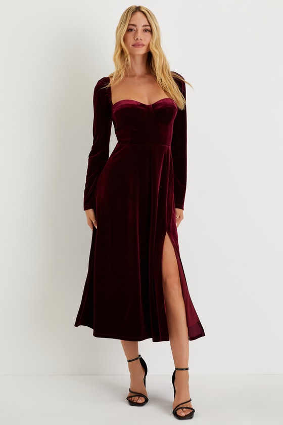 Precious Impression Burgundy Velvet Bustier Midi Dress #Color_Burgundy