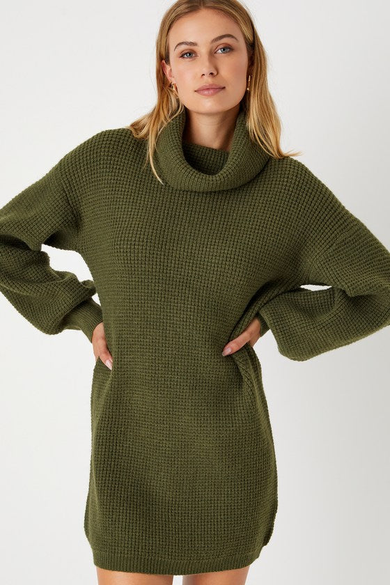 Casual Coziness Ivory Waffle Knit Cowl Neck Sweater Dress
