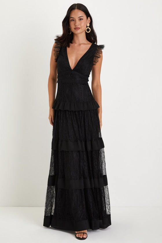 Marvelous Darling Black Lace Ruffled Tiered Maxi Dress #Color_Black