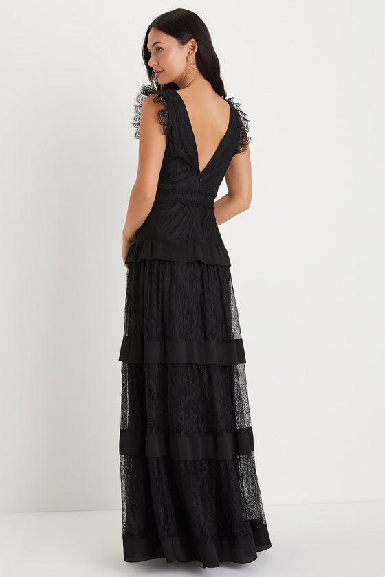 Marvelous Darling Black Lace Ruffled Tiered Maxi Dress #Color_Black