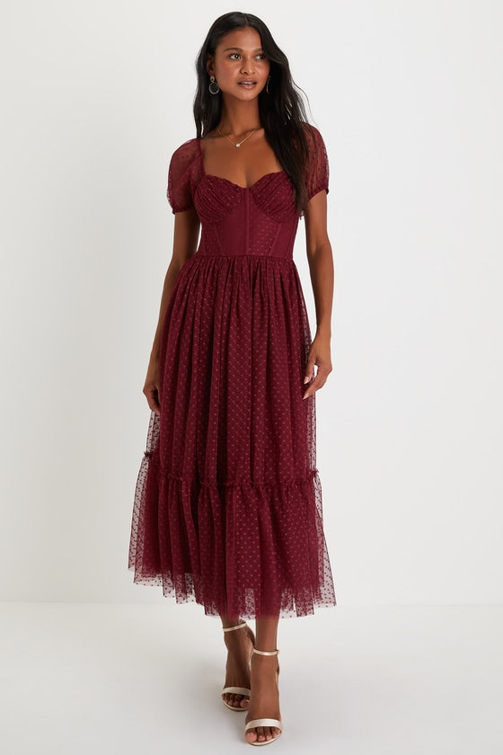 Sweet Amor Burgundy Tulle Swiss Dot Tiered Bustier Midi Dress #Color_Burgundy