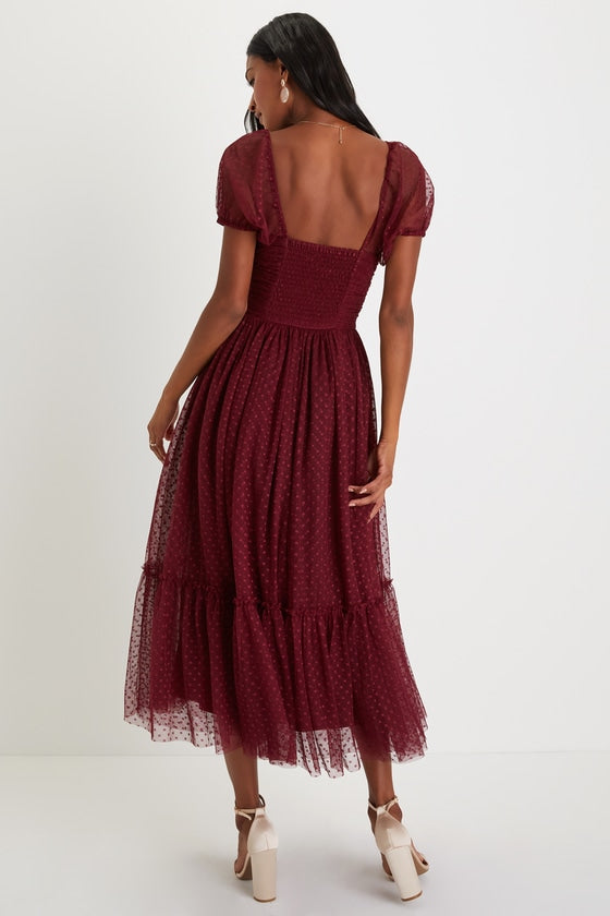 Sweet Amor Burgundy Tulle Swiss Dot Tiered Bustier Midi Dress #Color_Burgundy