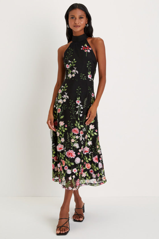 Blossoming Energy Black Floral Embroidered Halter Midi Dress #Color_Black Floral