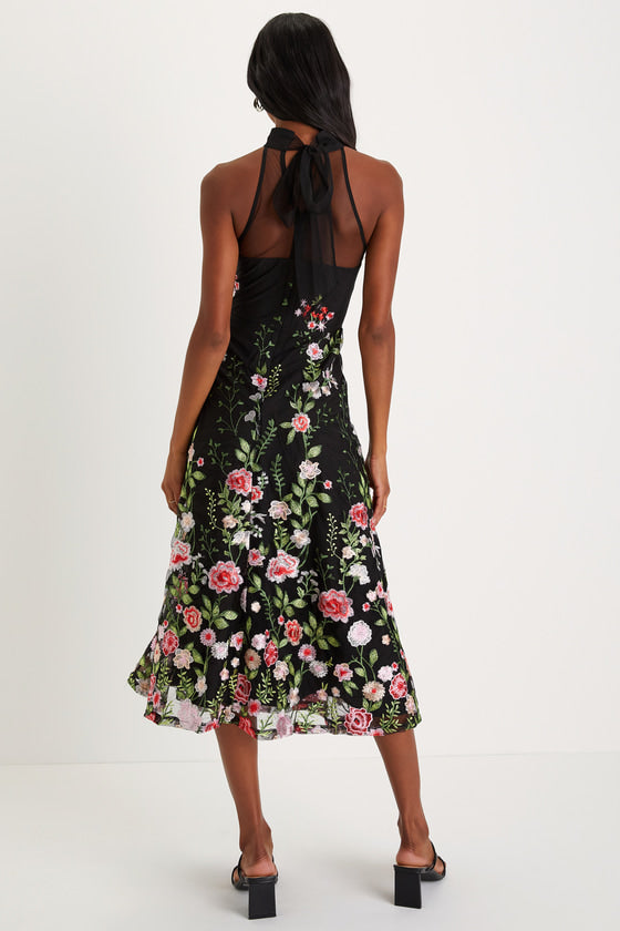 Blossoming Energy Black Floral Embroidered Halter Midi Dress #Color_Black Floral