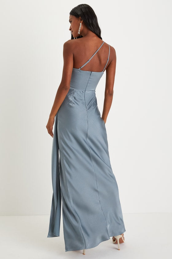 Signature Elegance Black Satin One-Shoulder Maxi Dress