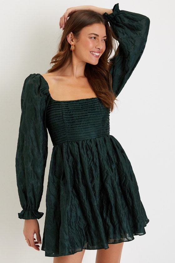 Darling Persona Emerald Green Jacquard Puff Sleeve Mini Dress #Color_Emerald Green