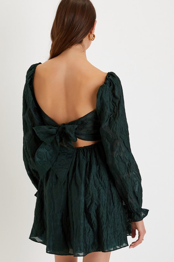 Darling Persona Emerald Green Jacquard Puff Sleeve Mini Dress #Color_Emerald Green