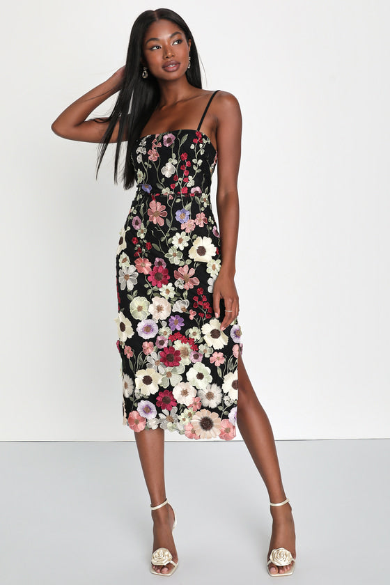 Thriving Energy Black 3D Floral Embroidered Lace-Up Midi Dress #Color_Black