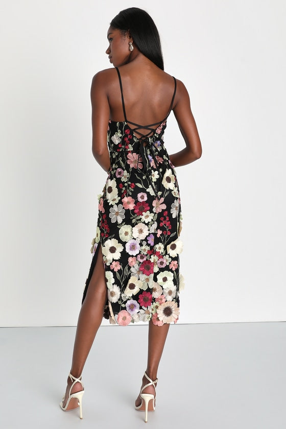 Thriving Energy Black 3D Floral Embroidered Lace-Up Midi Dress #Color_Black