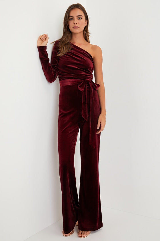 Extraordinary Vibe Burgundy Velvet One-Shoulder Jumpsuit #Color_Burgundy
