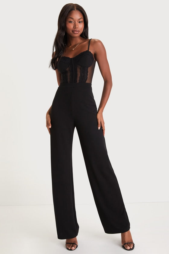Perfectly Sultry White Sheer Mesh Bustier Wide-Leg Jumpsuit #Color_Black