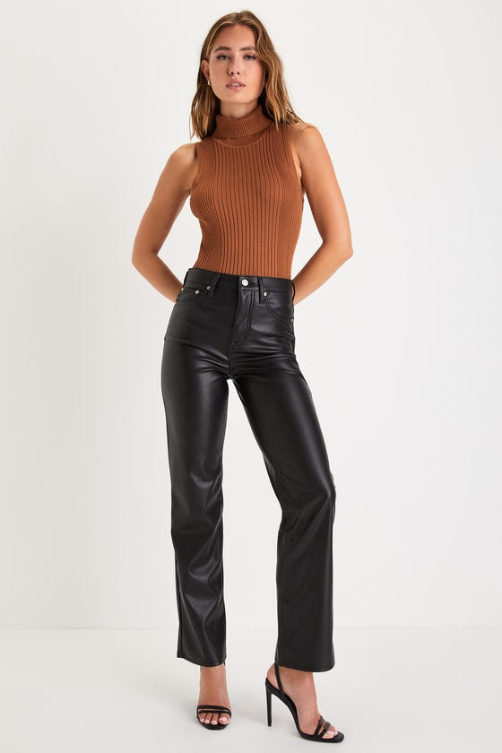 Sundaze Black Vegan Leather High Rise Straight Leg Pants