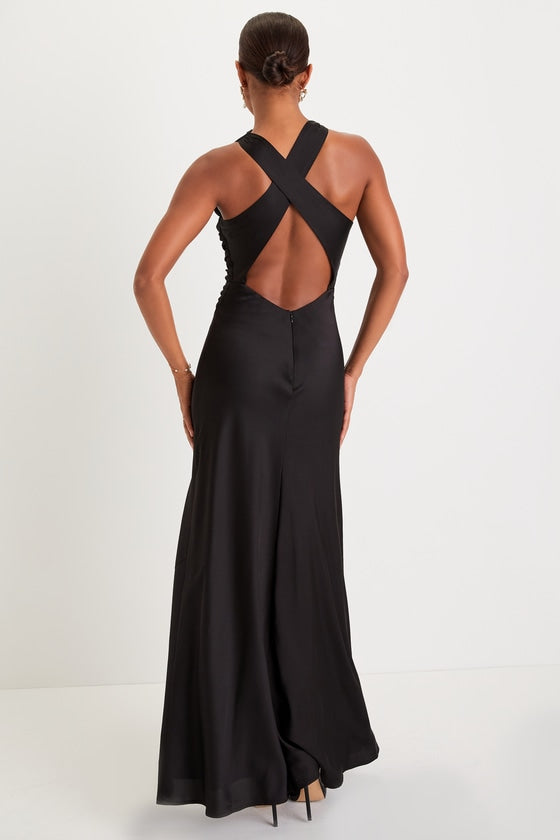 Effortlessly Sensational Black Satin Backless Maxi Dress #Color_Black
