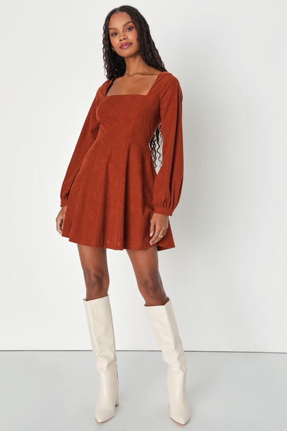 Daily Affection Beige Corduroy Mini Dress With Pockets #Color_Rust Orange