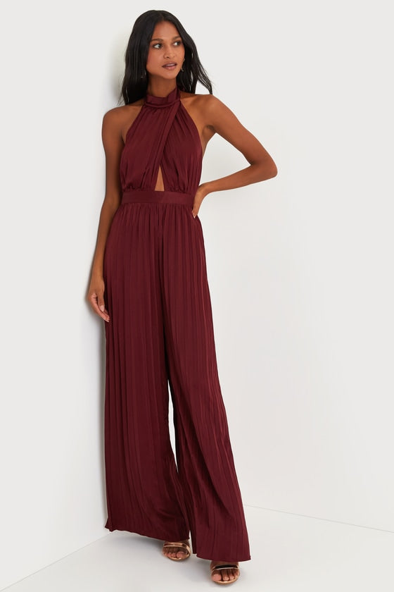 Confident Impression Burgundy Satin Pleated Halter Jumpsuit #Color_Burgundy