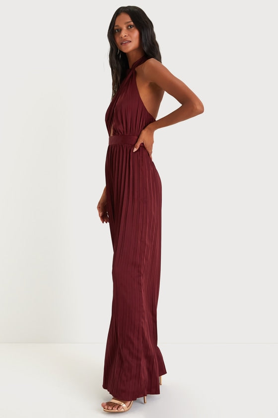 Confident Impression Burgundy Satin Pleated Halter Jumpsuit #Color_Burgundy