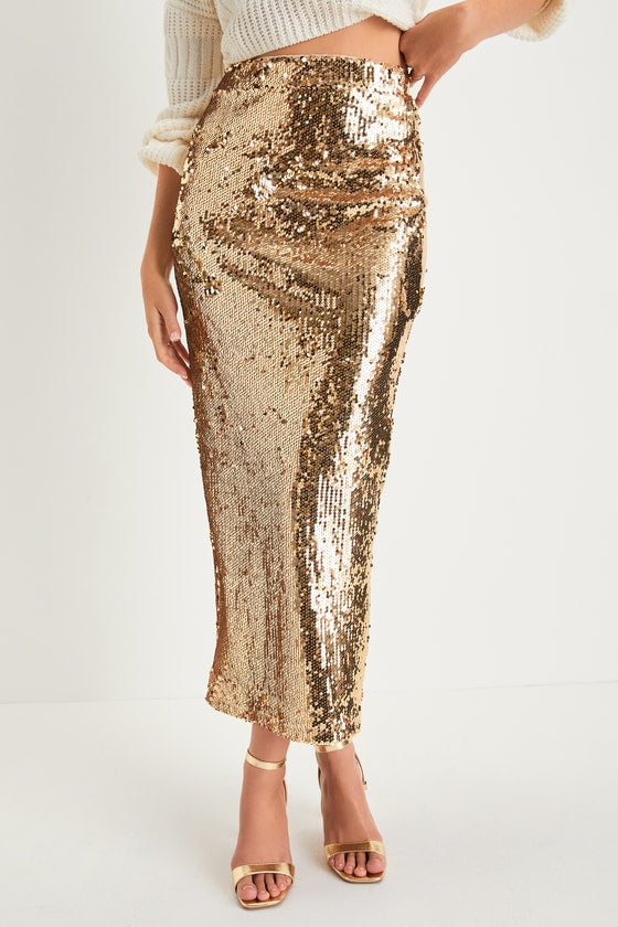 Dazzling Appearance Burgundy Sequin High-Rise Midi Skirt