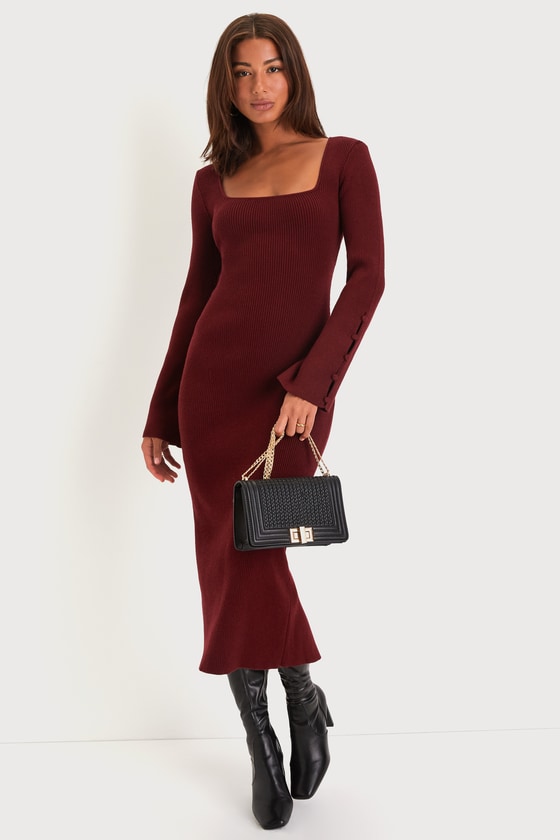 Classy Attitude Burgundy Ribbed Square Neck Midi Sweater Dress #Color_Burgundy