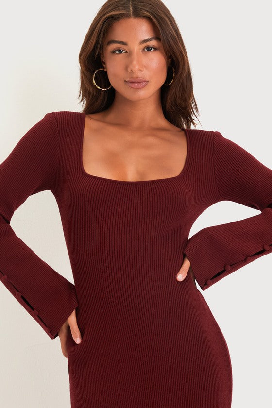 Classy Attitude Emerald Ribbed Square Neck Midi Sweater Dress