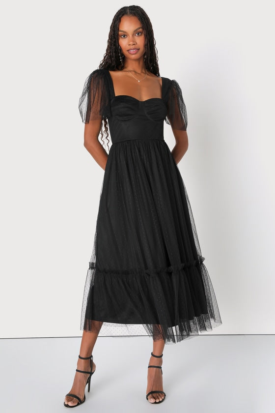 Dreamy Celebration White Tulle Bustier Swiss Dot Midi Dress #Color_Black