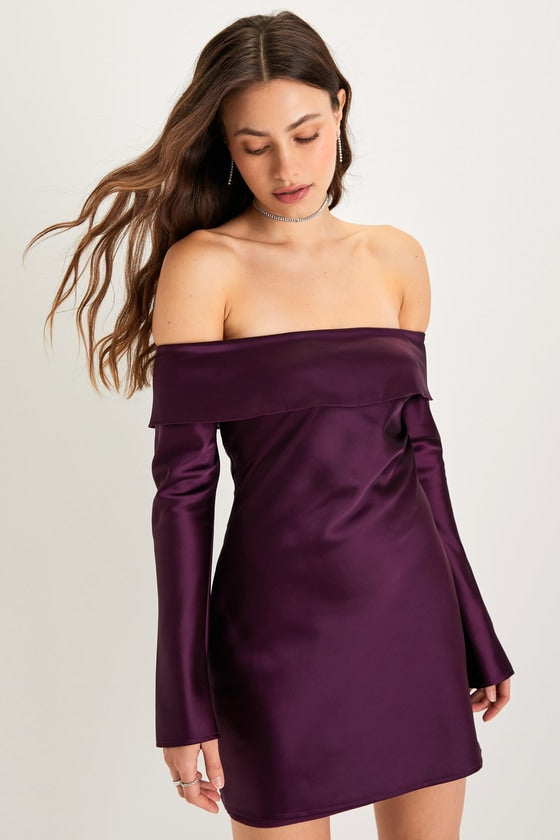 Luxurious Vision Berry Pink Satin Off-the-Shoulder Mini Dress