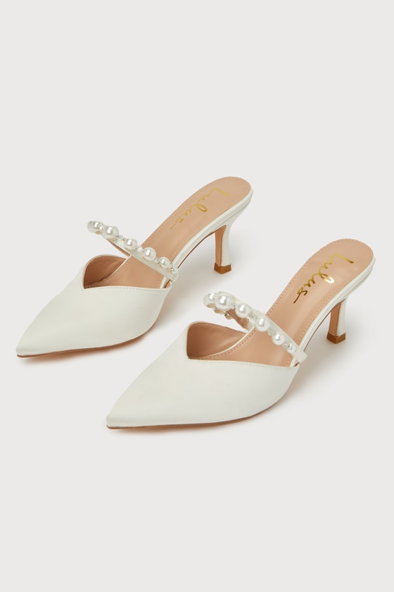 Daryll White Satin Pearl Pointed-Toe Mule Pumps #Color_White