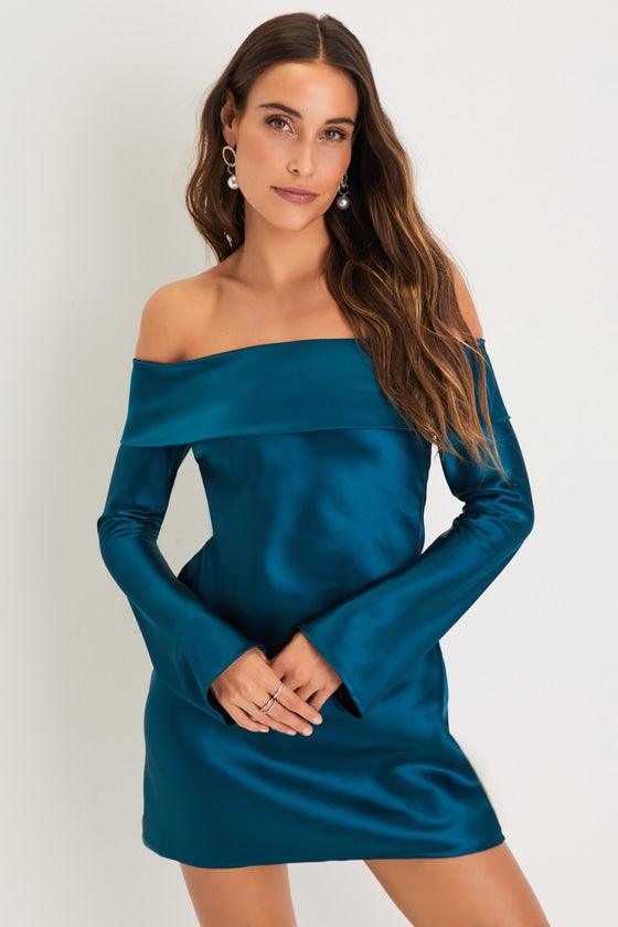 Luxurious Vision Brown Satin Off-the-Shoulder Mini Dress #Color_Teal